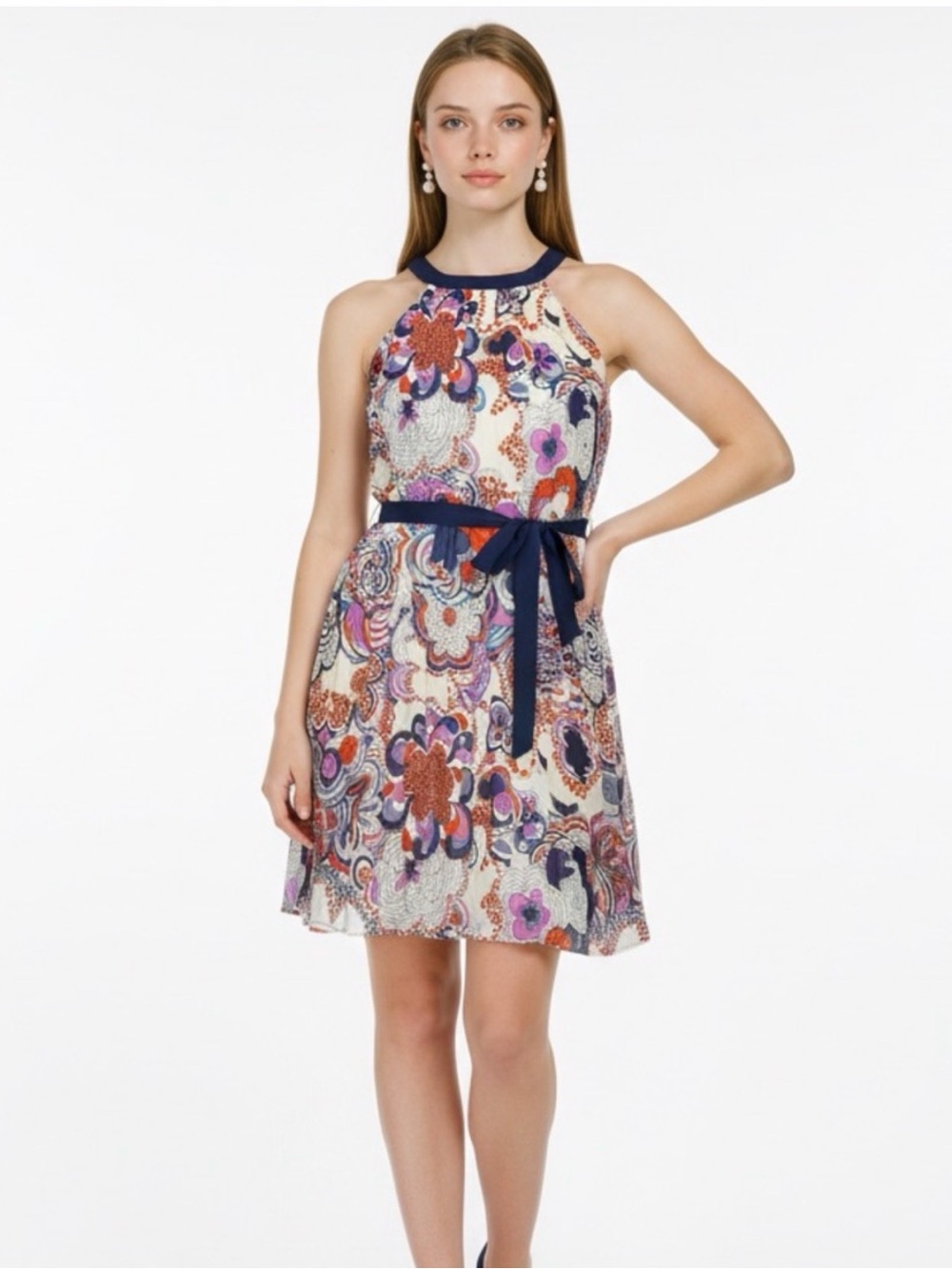 Liberty of London Navy-Trim Floral Halter Mini Dress